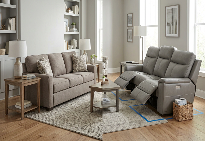 Reclining sofa and stationary sofa side by side in the Quarles Furniture showroom in Bolivar, Missouri